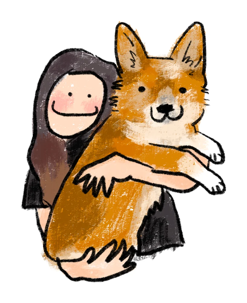 Doodle of a person hugging a corgi