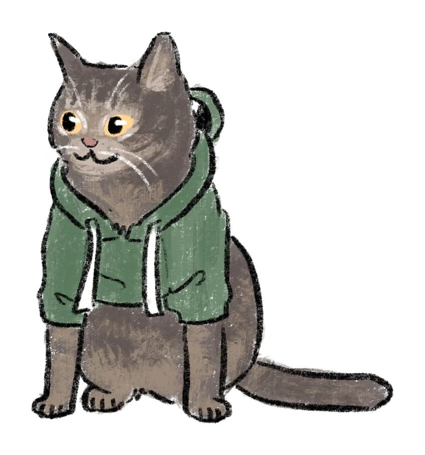Doodle of a gray cat wearing a green hoodie