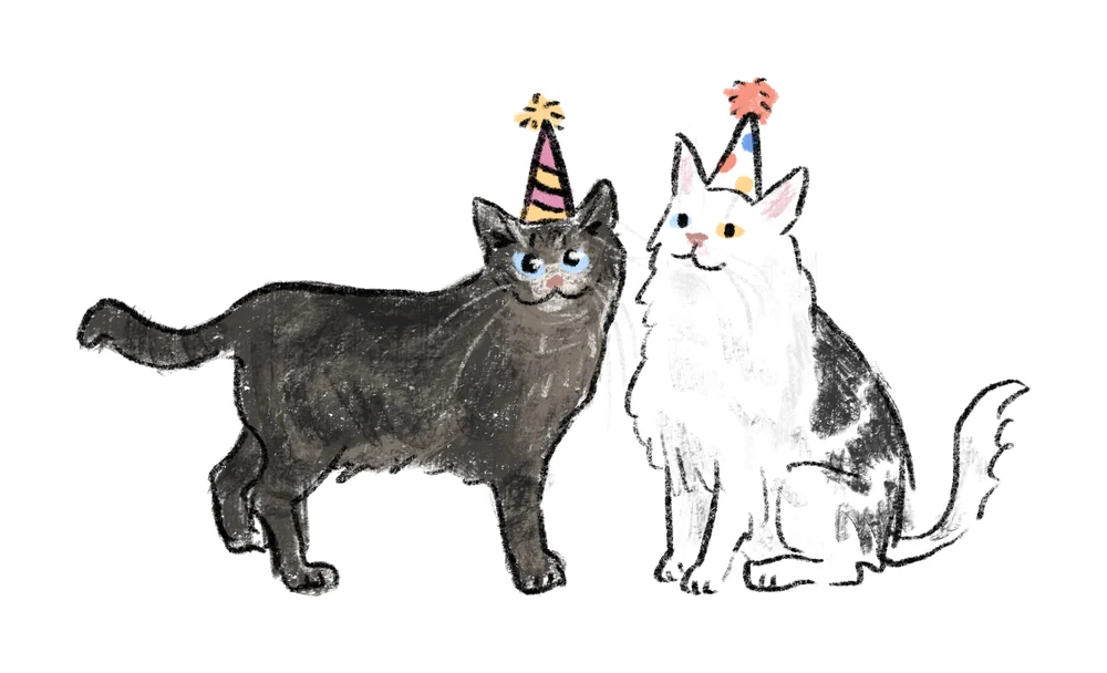 Doodle of two cats wearing party hats
